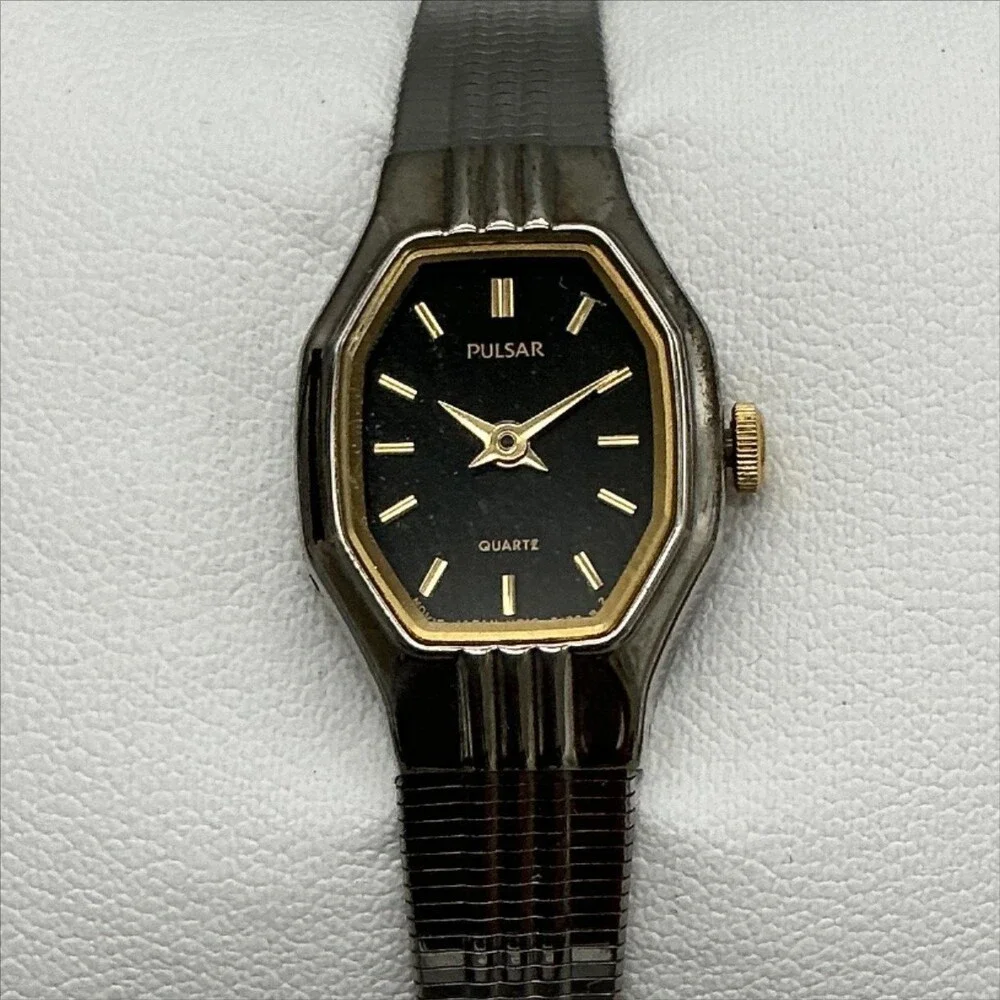 Vintage Pulsar Womens Watch 16mm Black Silver Tone V810-5750 New Battery 5.75